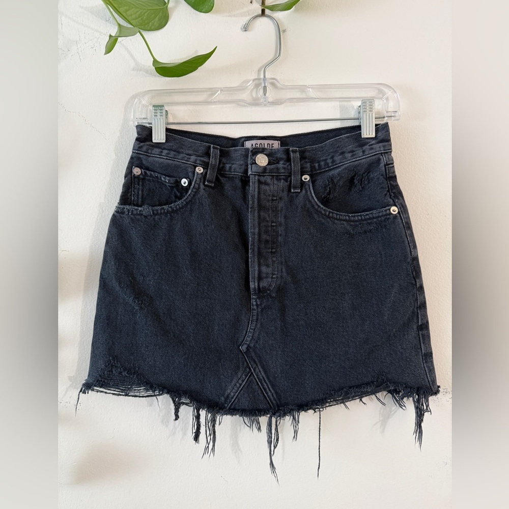 Agolde Faded Black Denim Raw Edge Miniskirt 100% Cotton